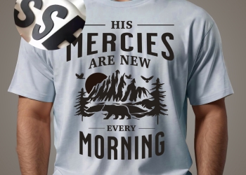 His Mercies: Black 3D Vinyl Print  on Pale blue Cotton Blend