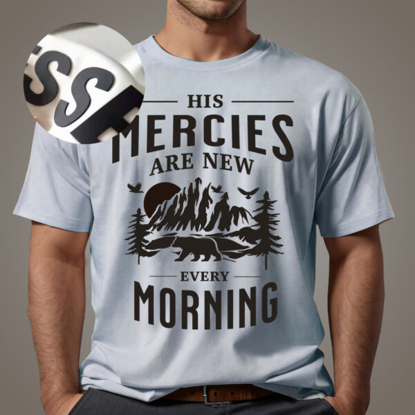 His Mercies: Black 3D Vinyl Print  on Pale blue Cotton Blend